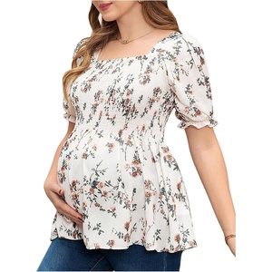 image:imageMakeMeChic Womens Maternity Blouse Floral Square Neck Puff Sleeve Smocked Peplum TopsMulticolor