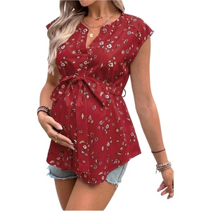 image:imageMakeMeChic Womens Maternity Blouse Graphic Notch V Neck Cap Sleeve Belted Summer ShirtBurgundy