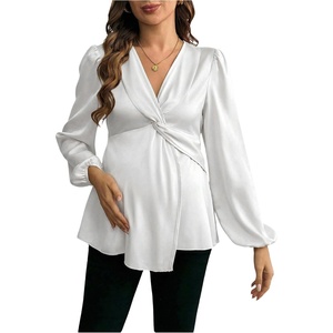 image:imageMakeMeChic Womens Maternity Blouse Work Clothes Pregnancy Twisted V Neck Lantern Sleeve Peplum TopsWhite