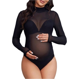 image:imageMakeMeChic Womens Maternity Bodysuit Mesh Sheer Mock Neck Long Sleeve Pregnancy Photoshoot BodysuitsBlack