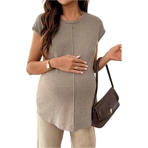image:imageMakeMeChic Womens Maternity Clothes Crewneck Cap Sleeve Ribbed Pregnancy Casual T ShirtCoffee Brown