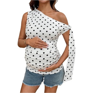 image:imageMakeMeChic Womens Maternity Clothes Polka Dots Slim Fit Asymmetrical Off The Shoulder TopsBlack and White