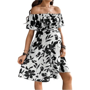 image:imageMakeMeChic Womens Maternity Dress Floral Off The Shoulder Ruffle Short Sleeve Flowy DressesBlack and White