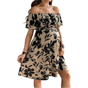 image:imageMakeMeChic Womens Maternity Dress Floral Off The Shoulder Ruffle Short Sleeve Flowy DressesKhaki