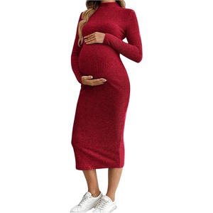 image:imageMakeMeChic Womens Maternity Dress Long Sleeve Mock Neck Casual Knit Bodycon DressesRed