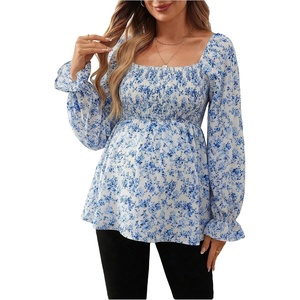 image:imageMakeMeChic Womens Maternity Long Sleeve Blouse Square Neck Ruffle Peplum Cute Casual Dressy Blouses ShirtsBlue