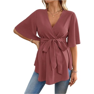 image:imageMakeMeChic Womens Maternity Nursing Blouse V Neck Wrap Ruffle Short Sleeve Belted Pregnancy Shirt Business Work TopsPink