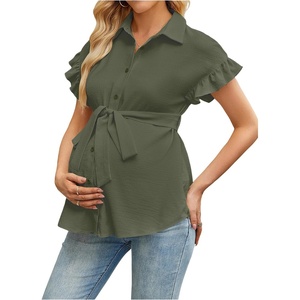 image:imageMakeMeChic Womens Maternity Nursing Work Blouse Pregnancy Ruffle Tops  Maternity Dressy Blouse Wrap Button Down BeltedArmy Green