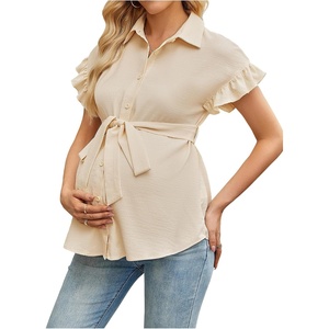 image:imageMakeMeChic Womens Maternity Nursing Work Blouse Pregnancy Ruffle Tops  Maternity Dressy Blouse Wrap Button Down BeltedBeige