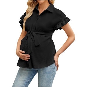 image:imageMakeMeChic Womens Maternity Nursing Work Blouse Pregnancy Ruffle Tops  Maternity Dressy Blouse Wrap Button Down BeltedBlack