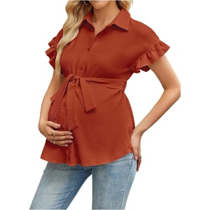 image:imageMakeMeChic Womens Maternity Nursing Work Blouse Pregnancy Ruffle Tops  Maternity Dressy Blouse Wrap Button Down BeltedBurnt Orange