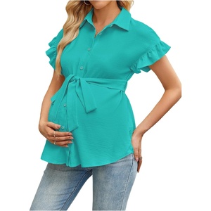 image:imageMakeMeChic Womens Maternity Nursing Work Blouse Pregnancy Ruffle Tops  Maternity Dressy Blouse Wrap Button Down BeltedGreen