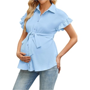 image:imageMakeMeChic Womens Maternity Nursing Work Blouse Pregnancy Ruffle Tops  Maternity Dressy Blouse Wrap Button Down BeltedLight Blue
