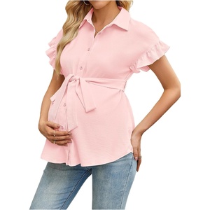 image:imageMakeMeChic Womens Maternity Nursing Work Blouse Pregnancy Ruffle Tops  Maternity Dressy Blouse Wrap Button Down BeltedLight Pink