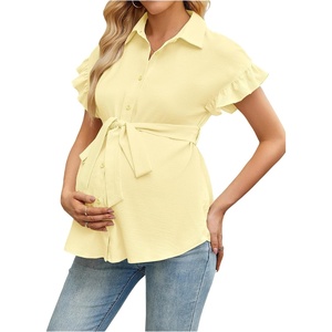 image:imageMakeMeChic Womens Maternity Nursing Work Blouse Pregnancy Ruffle Tops  Maternity Dressy Blouse Wrap Button Down BeltedLight Yellow