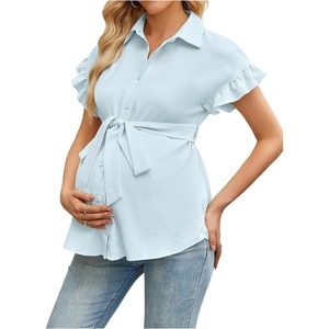 image:imageMakeMeChic Womens Maternity Nursing Work Blouse Pregnancy Ruffle Tops  Maternity Dressy Blouse Wrap Button Down BeltedMint Green