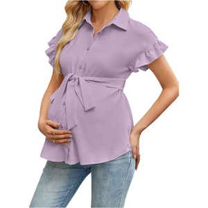image:imageMakeMeChic Womens Maternity Nursing Work Blouse Pregnancy Ruffle Tops  Maternity Dressy Blouse Wrap Button Down BeltedPurple