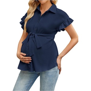 image:imageMakeMeChic Womens Maternity Nursing Work Blouse Pregnancy Ruffle Tops  Maternity Dressy Blouse Wrap Button Down BeltedRoyal Blue