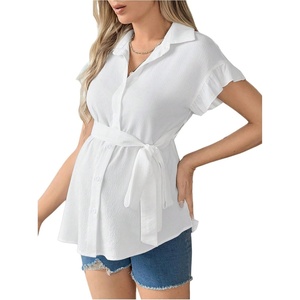 image:imageMakeMeChic Womens Maternity Nursing Work Blouse Pregnancy Ruffle Tops  Maternity Dressy Blouse Wrap Button Down BeltedWhite