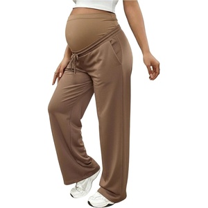 image:imageMakeMeChic Womens Maternity Pants Over Belly Casual Comfy Wide Leg Pants Wtih PocketBrown
