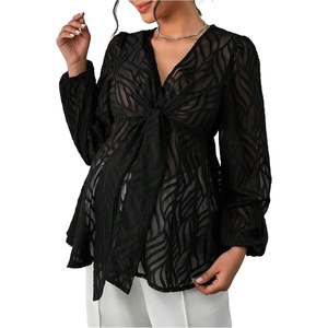 image:imageMakeMeChic Womens Maternity Peplum Tops Sheer Tie Knot V Neck Lantern Sleeve Pregnancy BlouseBlack
