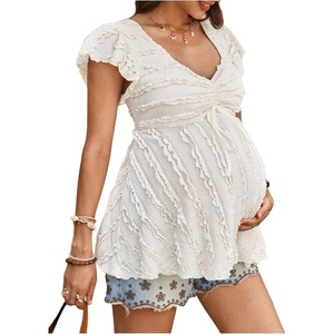 image:imageMakeMeChic Womens Maternity Shirts Summer Sweetheart Neckline Flutter Sleeve Ruffle Pregnancy Peplum TopsApricot