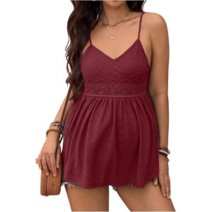 image:imageMakeMeChic Womens Maternity Summer Cami Top Lace Eyelet Embroidery V Neck Ruffle Pregnancy Tank TopsBurgundy