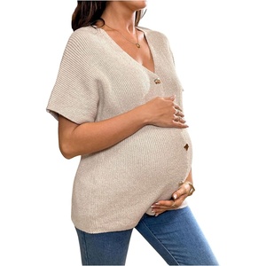 image:imageMakeMeChic Womens Maternity Summer Clothes V Neck Sweater Short Sleeve Button Pregnancy TopsApricot