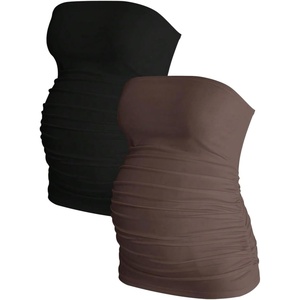 image:imageMakeMeChic Womens Maternity Tops 2 Pack Strapless Tube Tops Fall Outfits  Maternity Outfits Ruched Open Back Tops for Women Tube Tops for WomenCoffee Brown