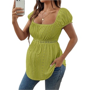 image:imageMakeMeChic Womens Maternity Tops Cute Pregnancy Shirt White Babydoll Tops  Maternity Shirts Square Neck Short Sleeves Cute Maternity Tops SummerGreen Solid