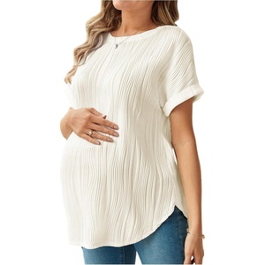 image:imageMakeMeChic Womens Maternity Work Knit Tops Nursing Short Sleeve Tees  Summer Pregnancy T Shirt Textured Crew NeckApricot Solid