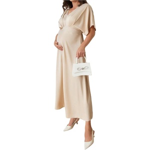 image:imageMakeMeChic Womens V Neck Maternity Dress Short Flared Sleeve Elastic Waist Ruched Pregnancy Maxi DressesKhaki